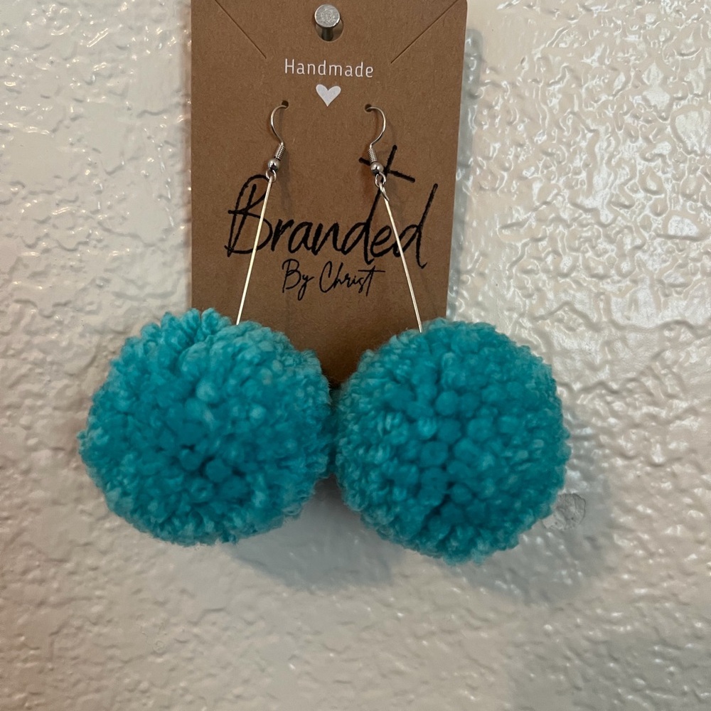 Handmade Teal Pom Pom Earrings